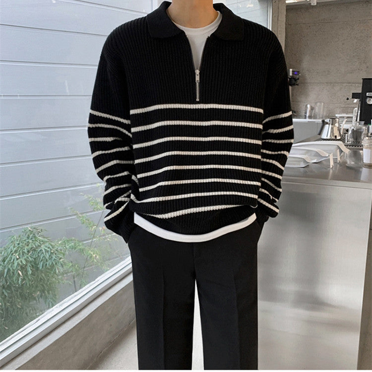 "Pascal" - Half Zip Sweater White Stripes