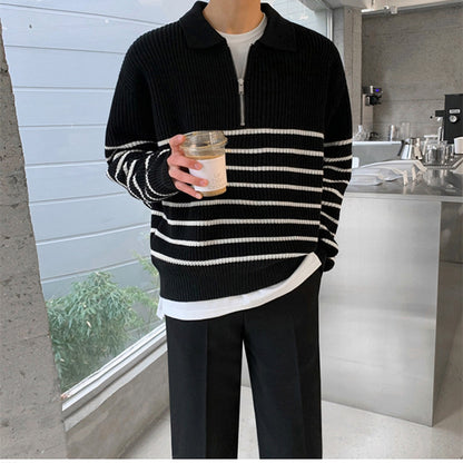 "Pascal" - Half Zip Sweater White Stripes