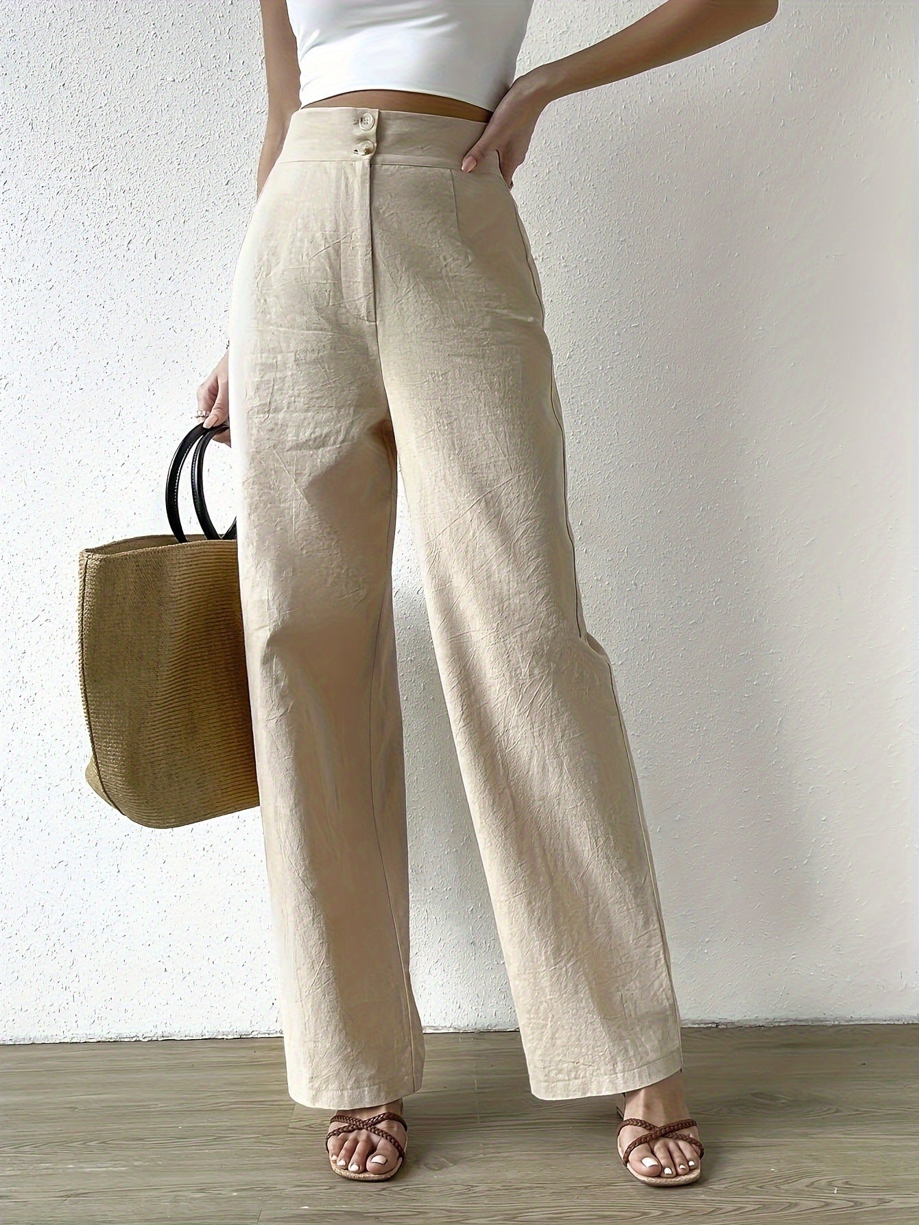 "Blandine" - Beige Hochbund Flow Pants